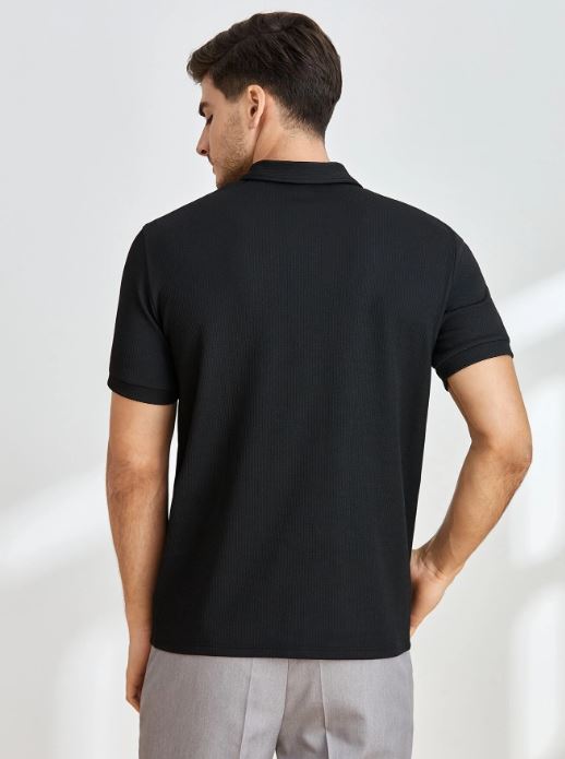 BLACK MEN SOLID QUARTER ZIP POLO SHIRT