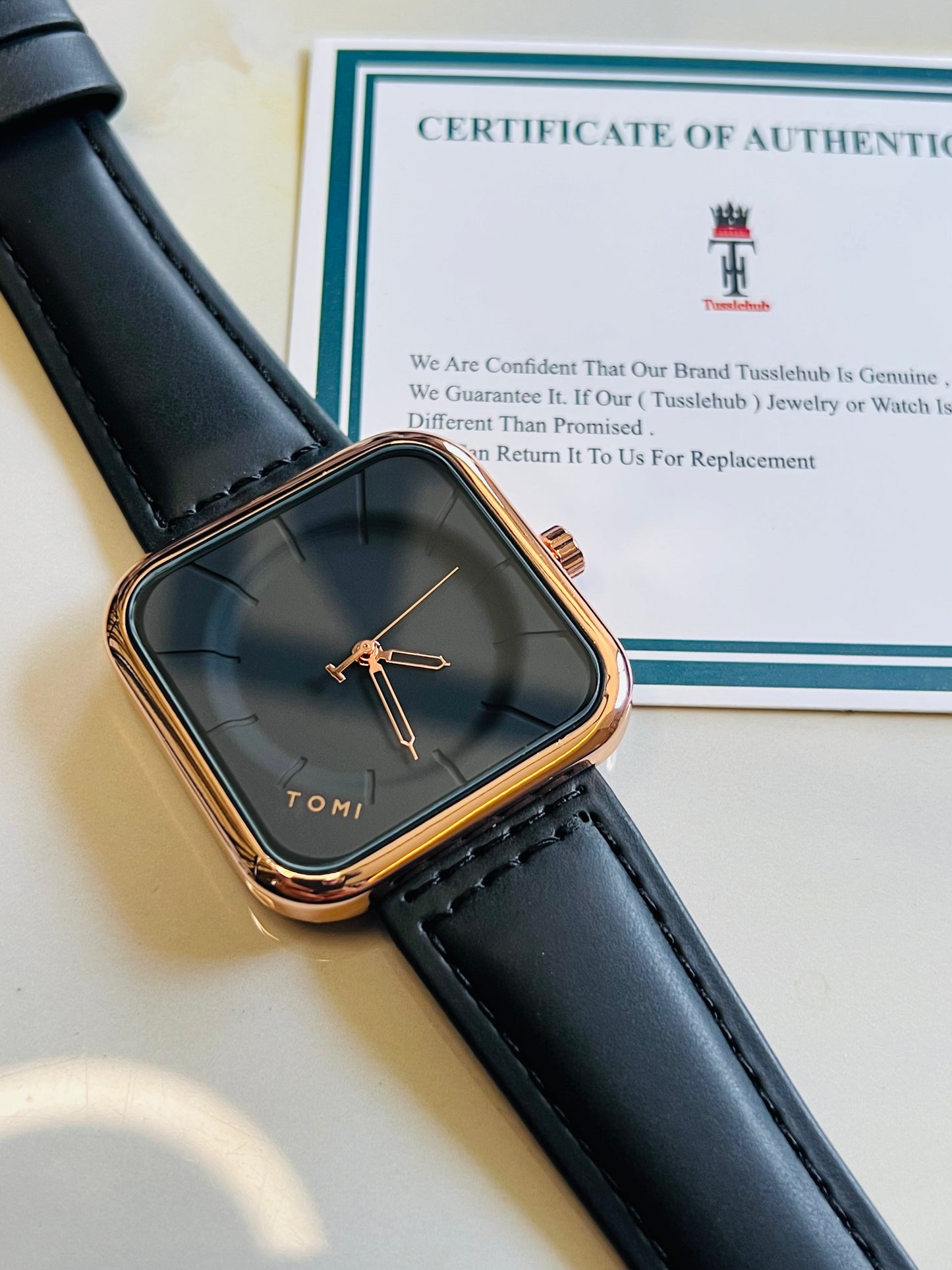 Tomi Black Gold Square Dial Watch