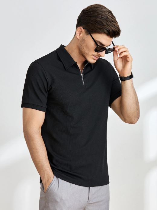 BLACK MEN SOLID QUARTER ZIP POLO SHIRT